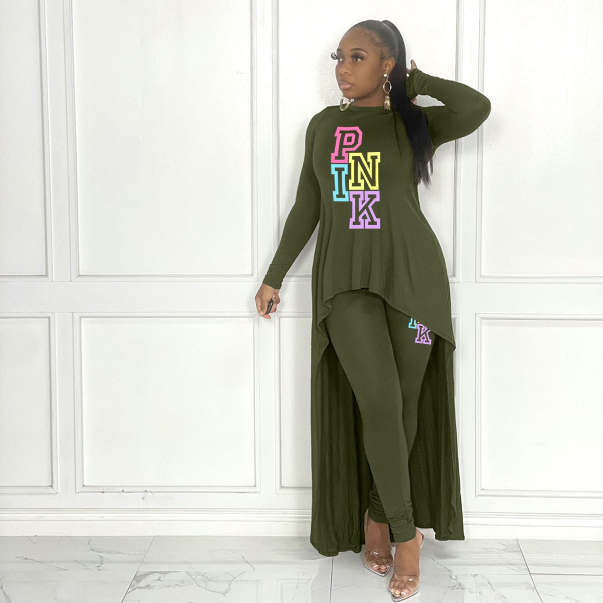 HLJ&amp;GG Fall Winter Casual Irregular Top + Skinny Pants Two Piece Sets Women Outfits Female PINK Letter Print Matching Tracksuits