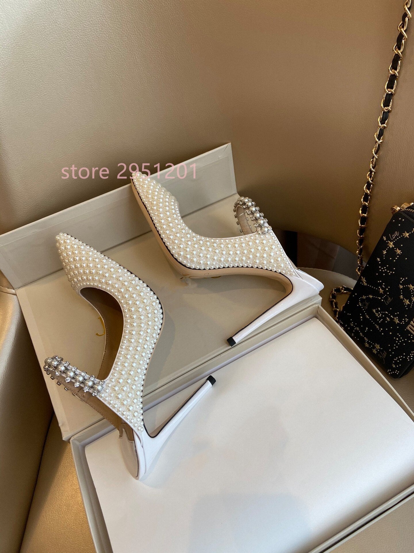 Pearl High Heel Sandals Women Deep Toe Rhinestone Diamond Thin High Heels Shoes Woman White Wedding Bride Heels
