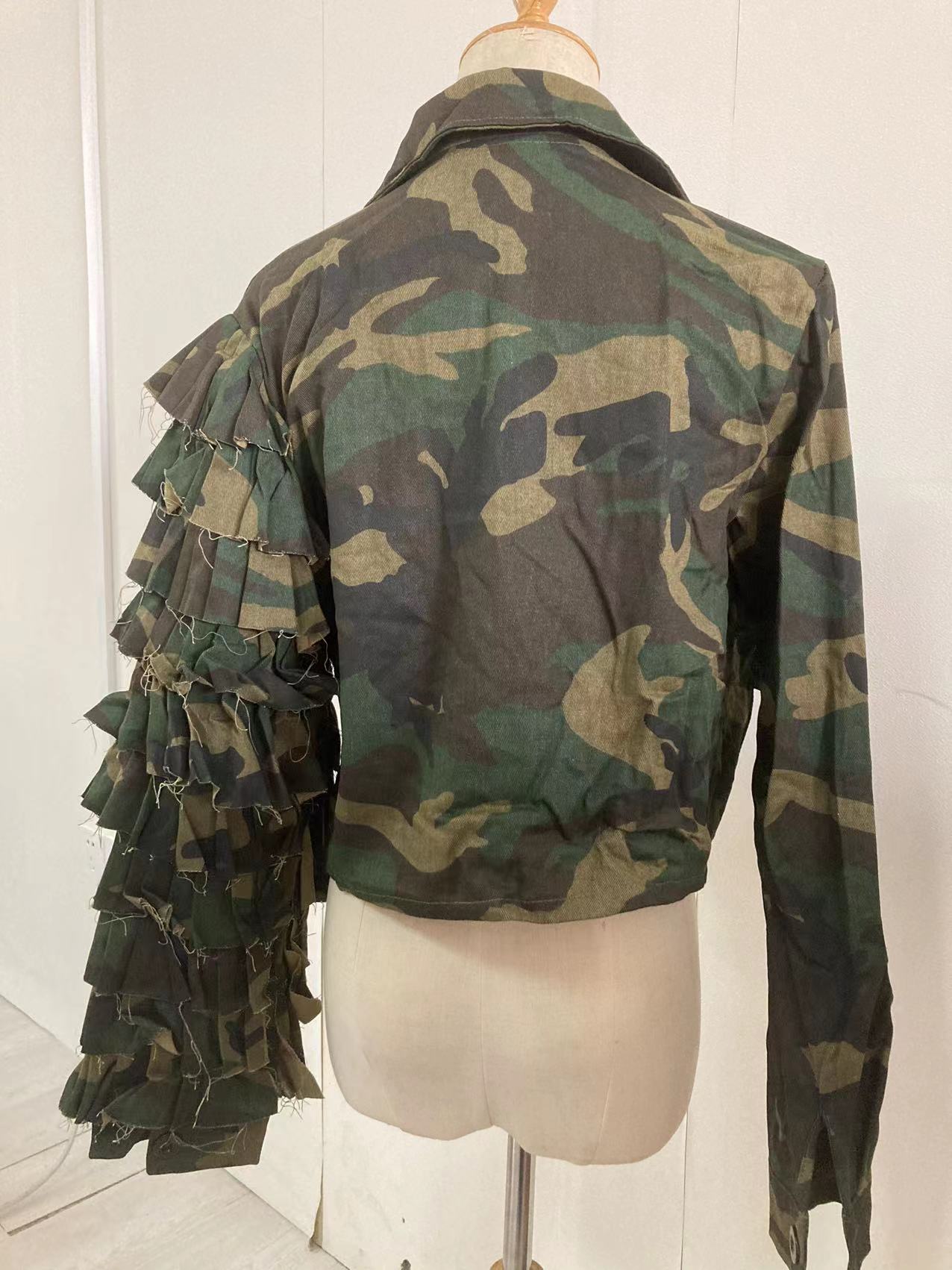 CM.YAYA Women Camouflage Cacading Ruffles Flare Sleeve Button Up Jacket Spring Winter Streetwear Military Jackets Outcoat
