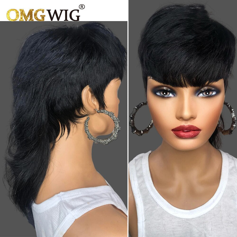 Model Length Full Machine Made Wig With Bangs Indian Virgin Human Hair Wigs For Black Women Dovetail Straight Glueless Remy