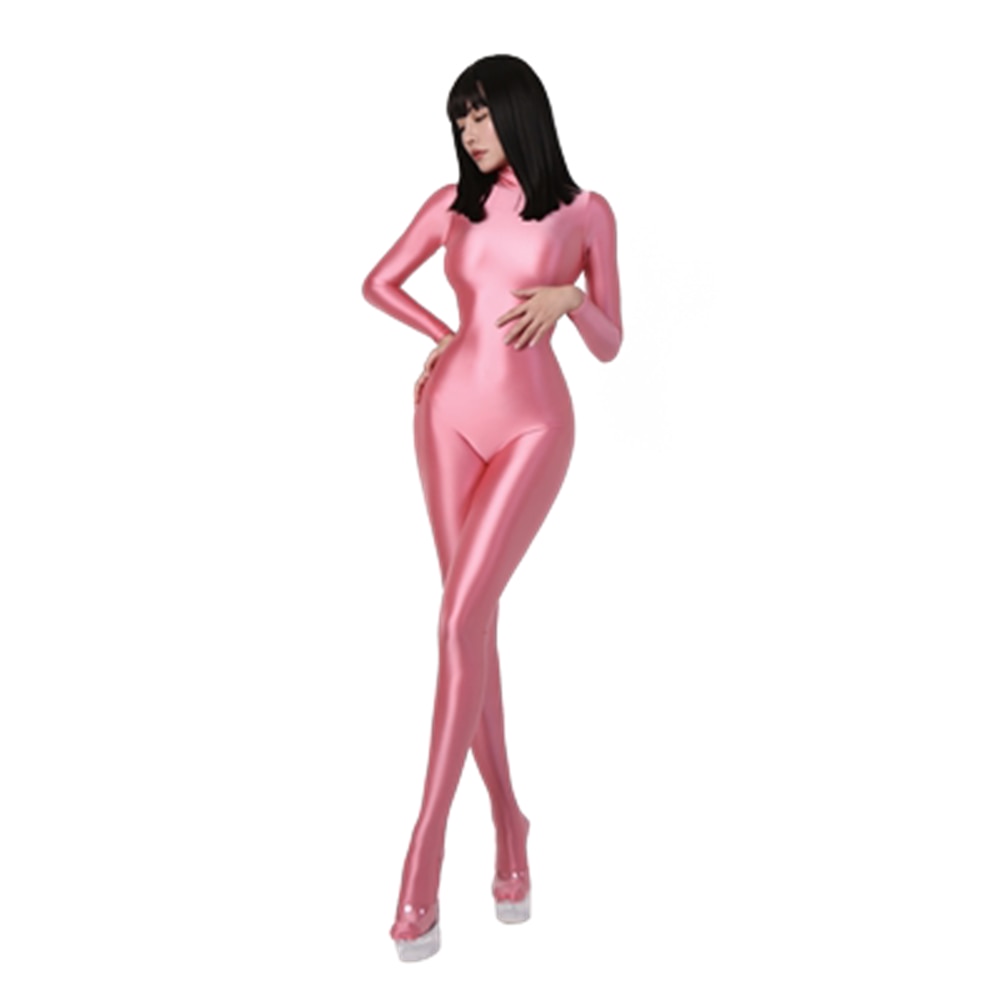 Women Oily Glossy Long Sleeve Elastic Bodysuit Bodycon Rompers One-piece Swimsuit Silky Tights Satin Pantyhose Jumpsuits Thong