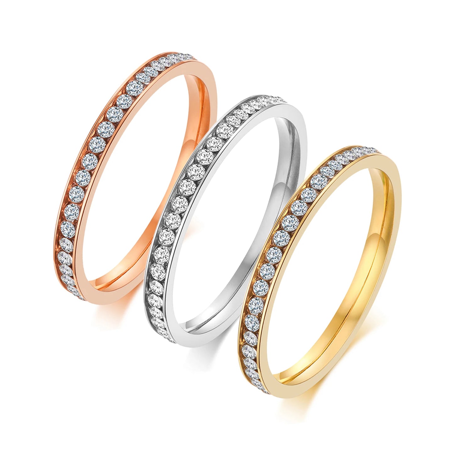 INS 2mm Iced Out Bling CZ Rings For Women Lady Gold Color Stainless Steel Shinny Cubic Zirconia Wedding Ring Elegant Jewelry