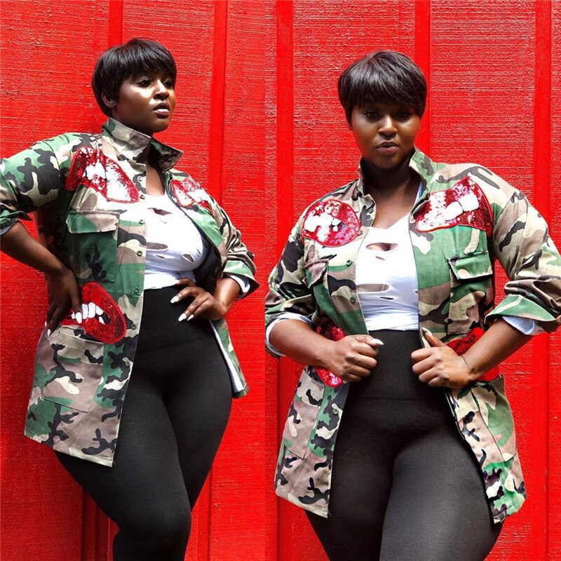 Autumn Winter Sequin Lip Camouflage Camo Jacket Coat Women High Neck Button-up Pockets Military Slim Streetwear Casual Outerwear