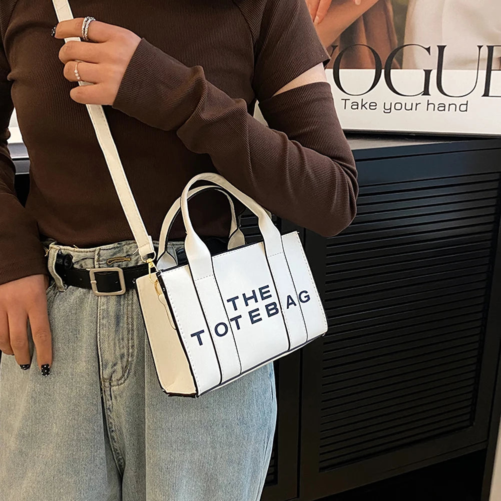Women Tote Bag Contrast Letters Fashion Ladies Top-Handle Bags PU Leather Portable Casual Simple Adjustable Straps Hobos Bags