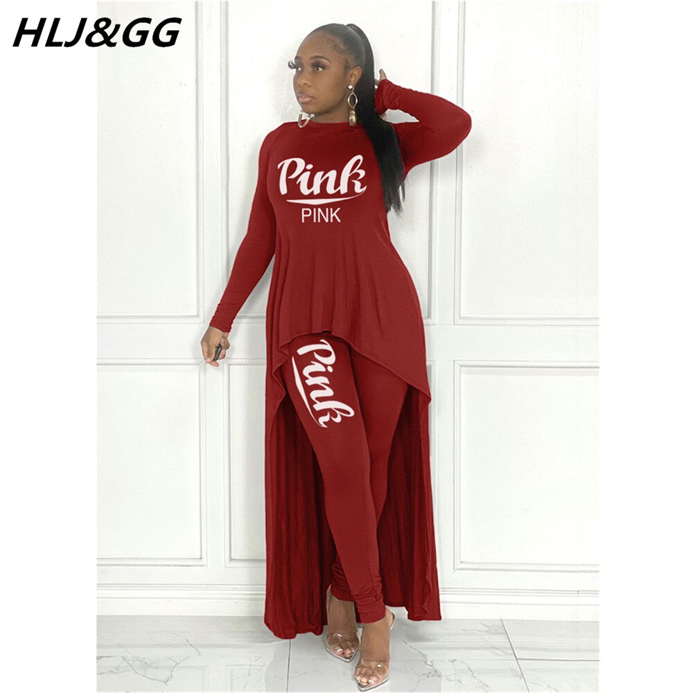 HLJ&amp;GG Fall Winter Casual Irregular Top + Skinny Pants Two Piece Sets Women Outfits Female PINK Letter Print Matching Tracksuits