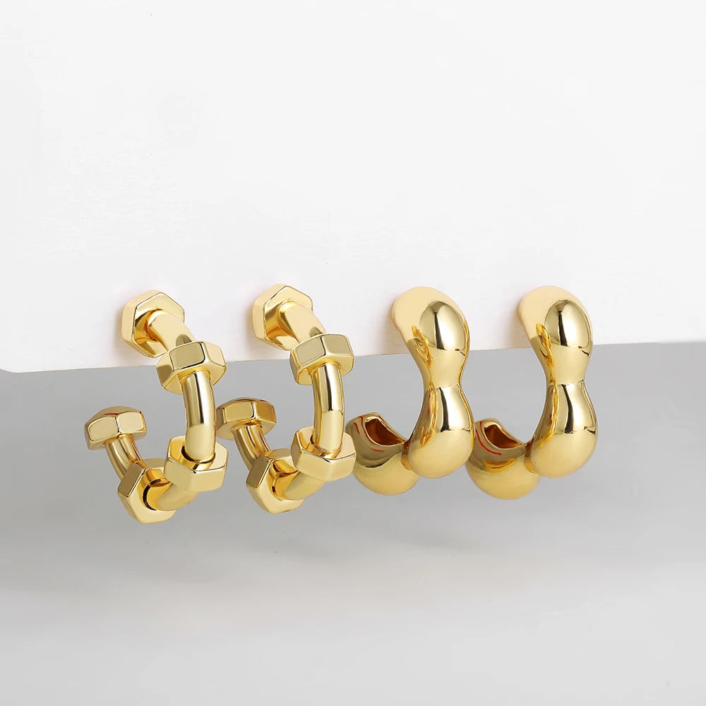 Creative Geometric Ear Buckle Open Thick Hoops C-shape Earrings for Women Gold Plated Statement Earring Sets Trend Jewelry