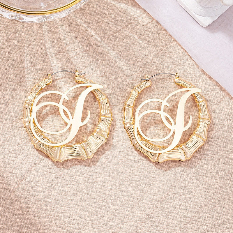 GSOLD Punk Rock A-Z Initial Bamboo Earrings For Women Party Hip-Hop Sexy Jewelry Letter Statement Large Circle Hoop Earring