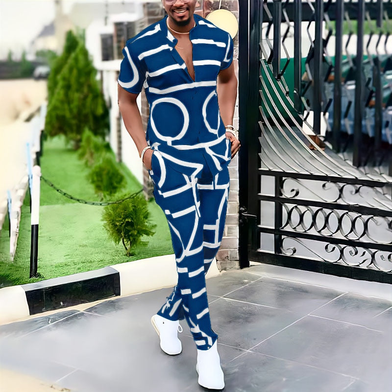 Spring Summer Men's Casual Two Piece Sets Short Sleeve Tops And Long Pants Suit 2022 Fashion Pattern Print Outfit Men Streetwear