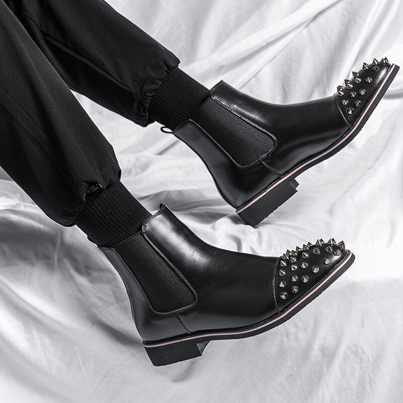 New Black Rivet Chelsea Boots for Men Round Toe Slip-On Punk Handmade Men Ankle Boots Free Shipping Bottes Pour Hommes