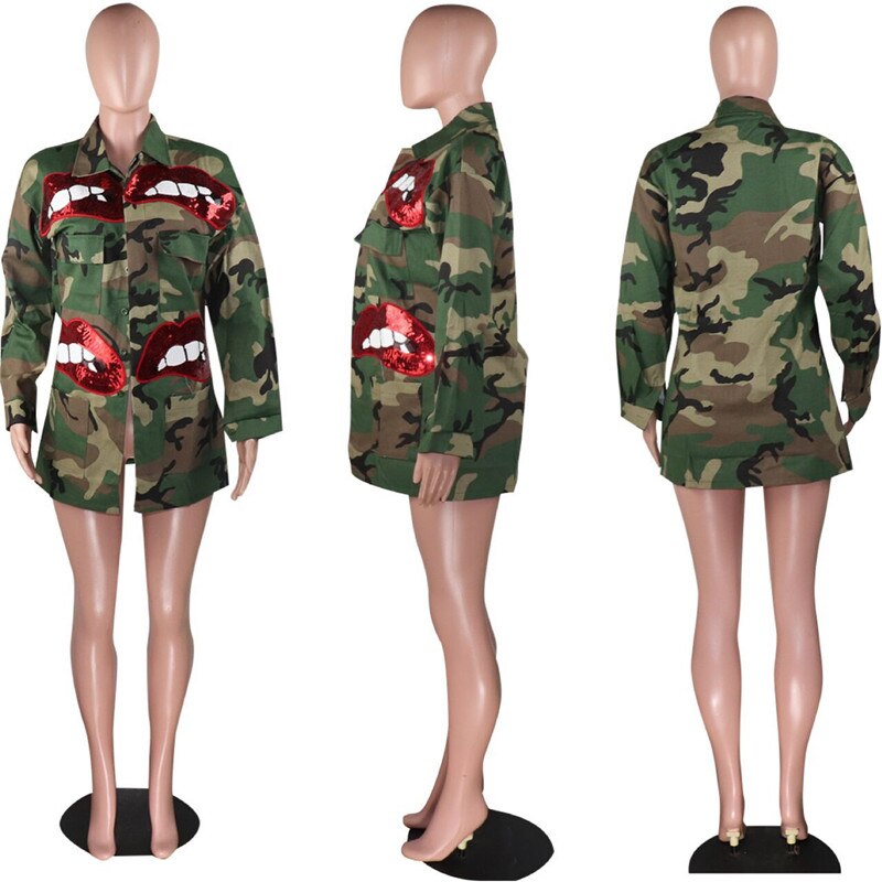 Autumn Winter Sequin Lip Camouflage Camo Jacket Coat Women High Neck Button-up Pockets Military Slim Streetwear Casual Outerwear