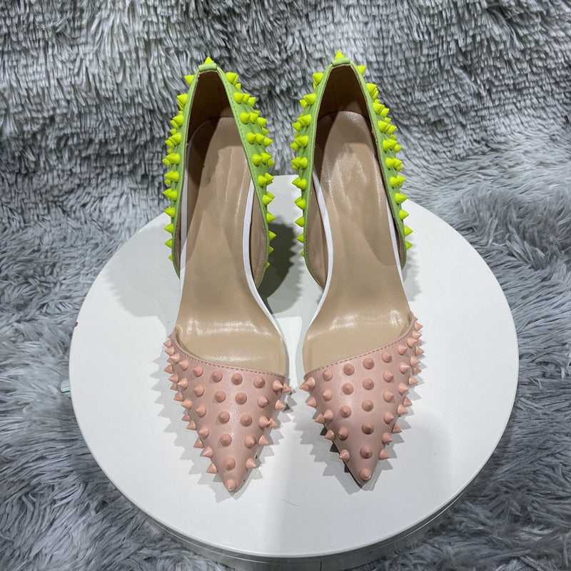 Heelgoo Green Pink Matte Patchwork Women Sexy Side Cut D'Orsay Pointy Toe High Heel Shoes with Spikes Sexy Studs Stiletto Pumps