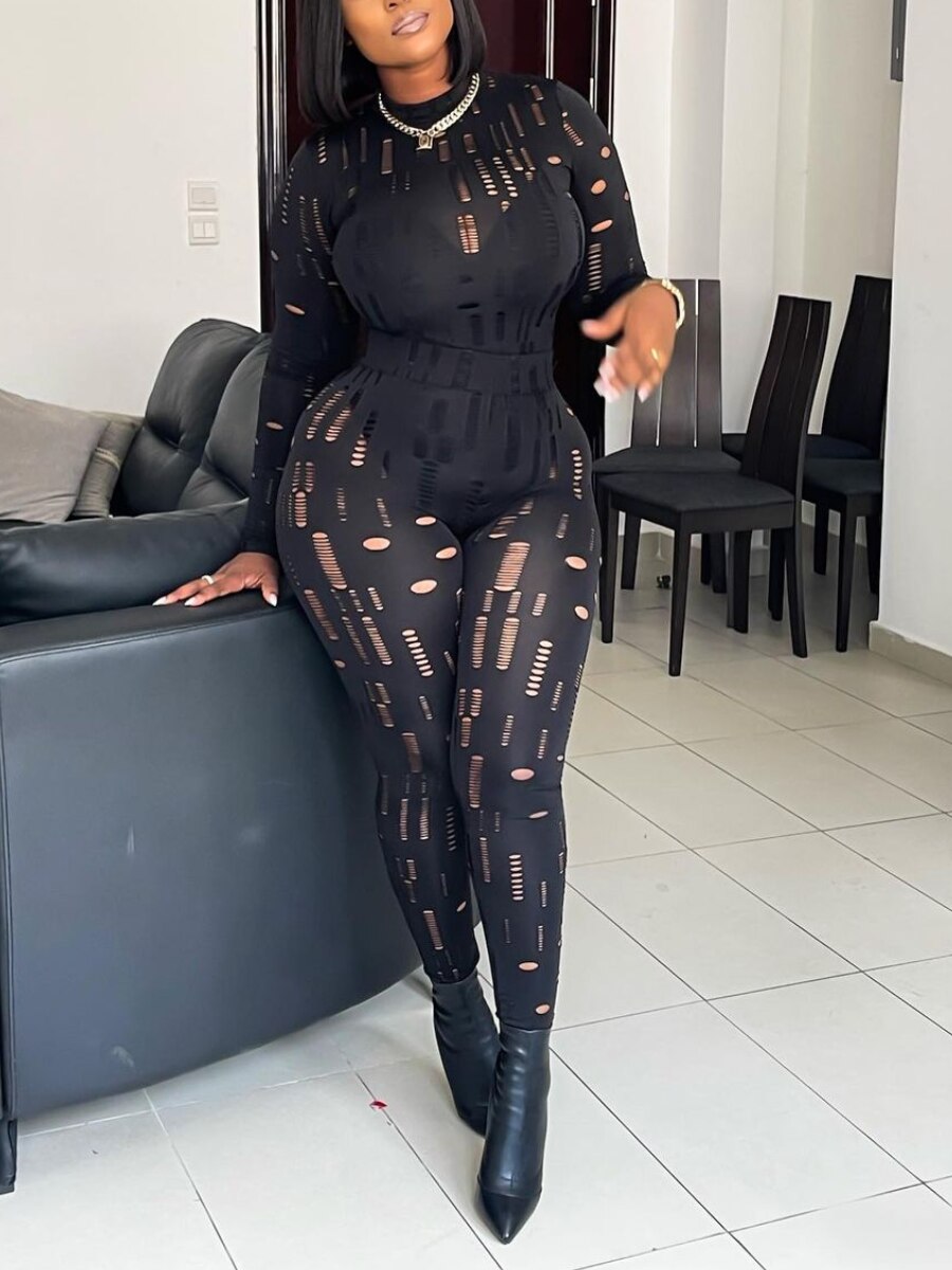 LW Plus Size See-through Skinny Stretchy Pants Set Female Gauze Sexy Long Sleeve Turtleneck Top+Solid Sheath Matching Outfits