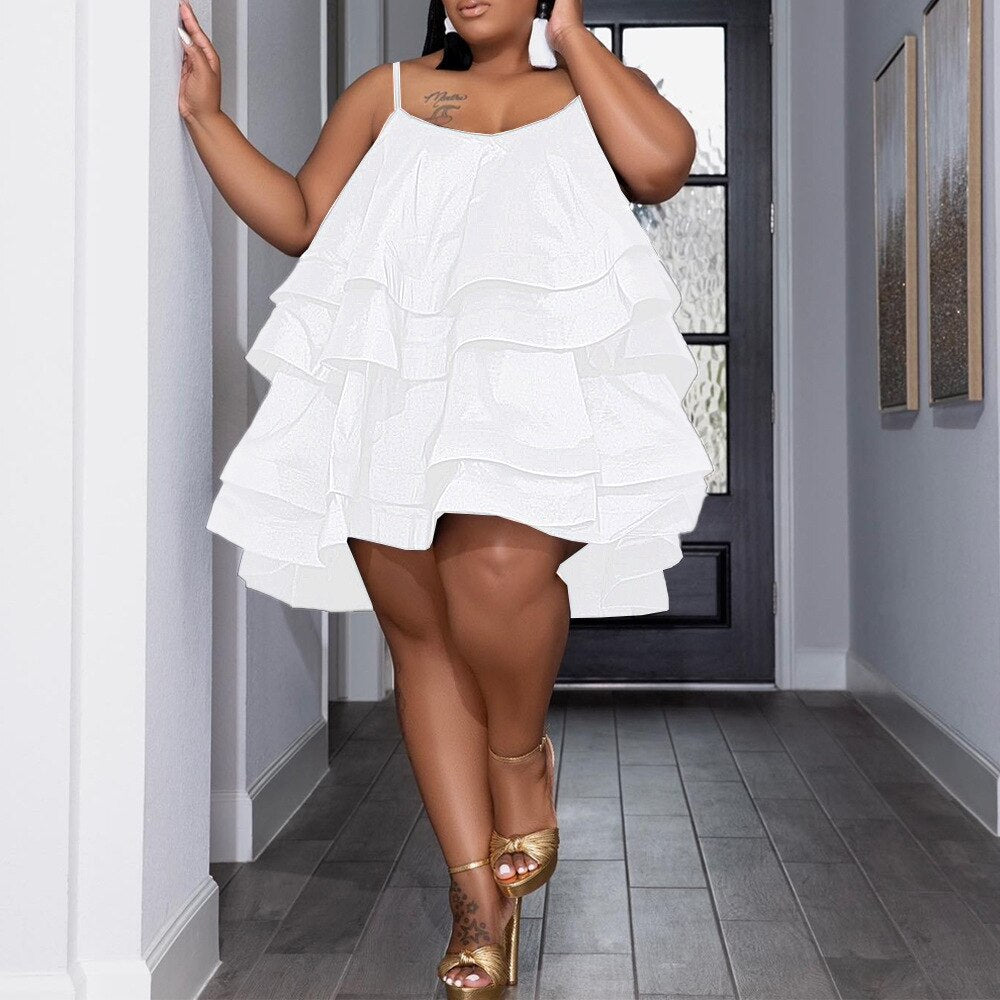 CM.YAYA Plus Size Vintage Women Cascanding Ruffles Big Swing Ball Gown Cake Babydoll Spaghetti Strap Sleeveless Dress Vestidos
