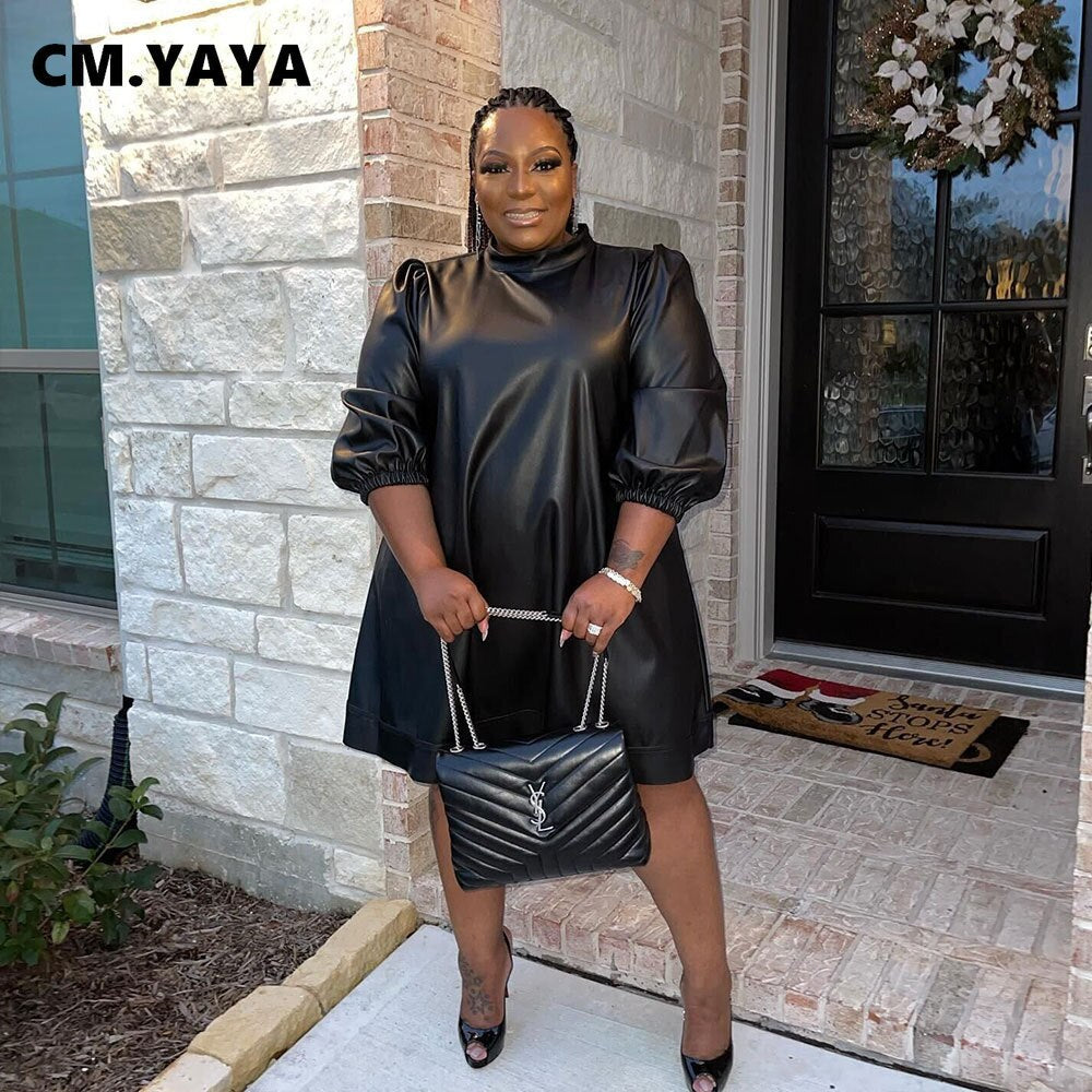 CM.YAYA Plus Size Women Half Length Black Faux Leather PU A-line Knee Length Dress for Winter Spring Streetwear Basic Dresses