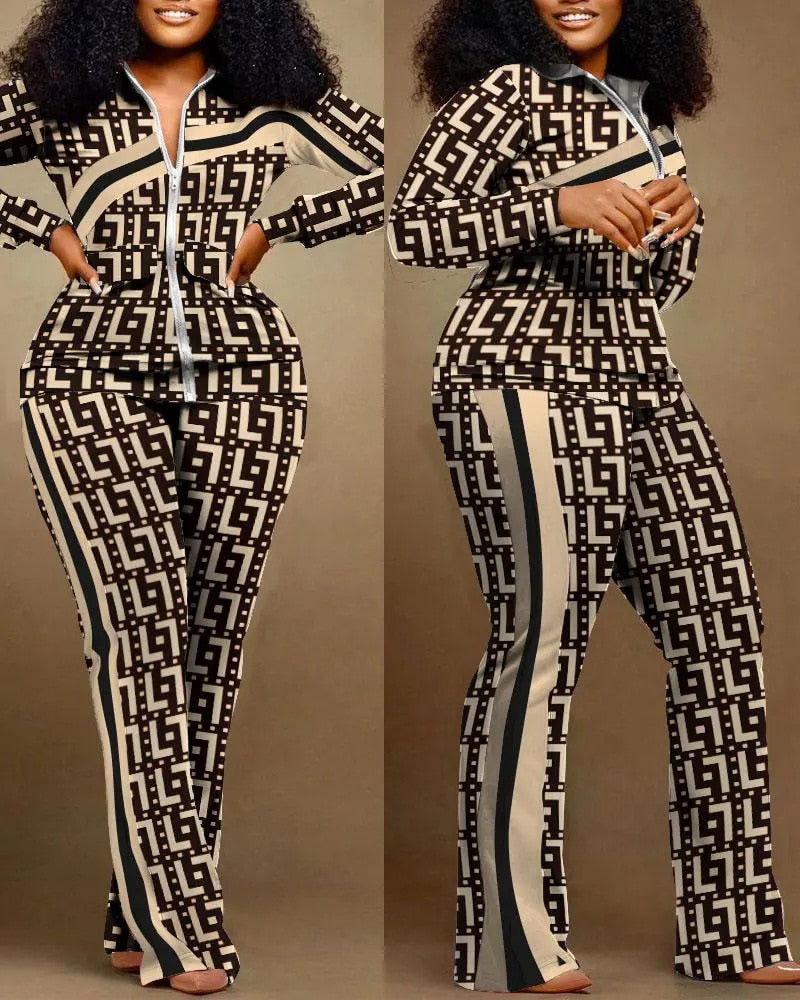 Autumn Winter Fashion Print Two Piece Set Women Casual Sports Style Zipper Top Sweatpants Two Piece Set Women