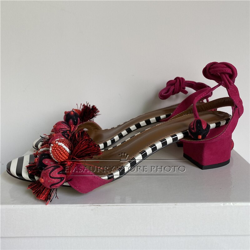 Wool Knitting Ball Tassels Sandals Women Ankle Wrap Striped Color Fringed Pompoms Stiletto Heel Suede Party Shoes Woman