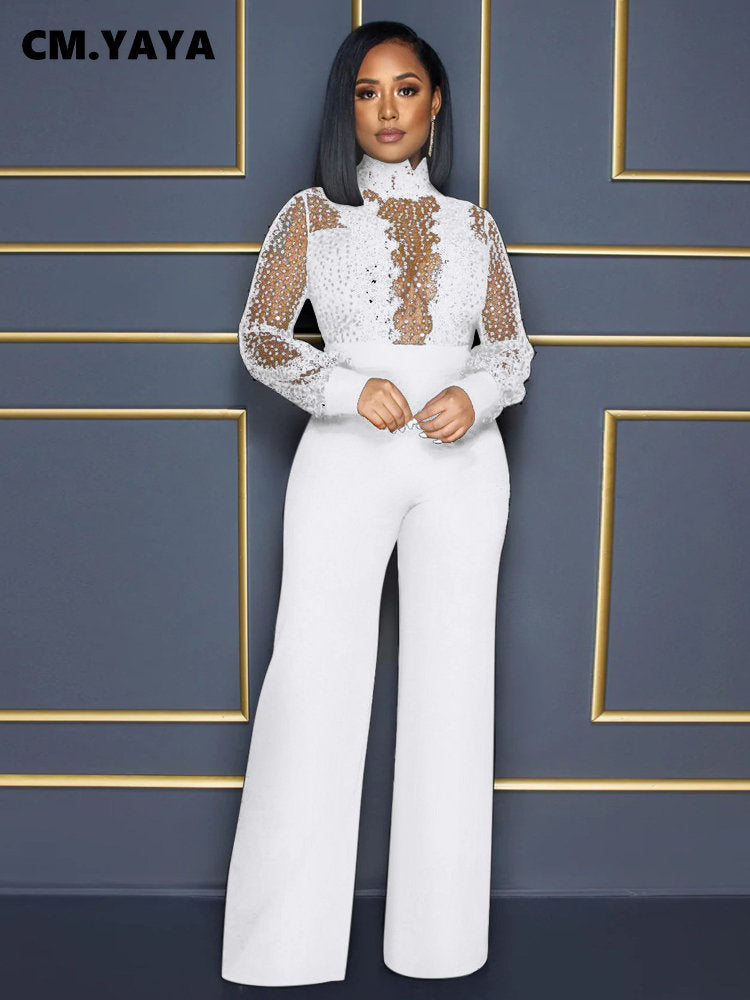 CM.YAYA Women Lace Patchwork Long Sleeve Loose Straight Jumpsuit Fashion Streetwear Sexy Party One Piece Set Overall Playsuit