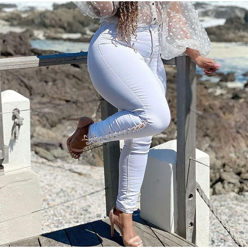 Plus Size Sexy Hollow Out White Skinny Jeans 3XL Summer Streetwear Women High Waist Ripped Lace Up Bandage Denim Pencil Pants