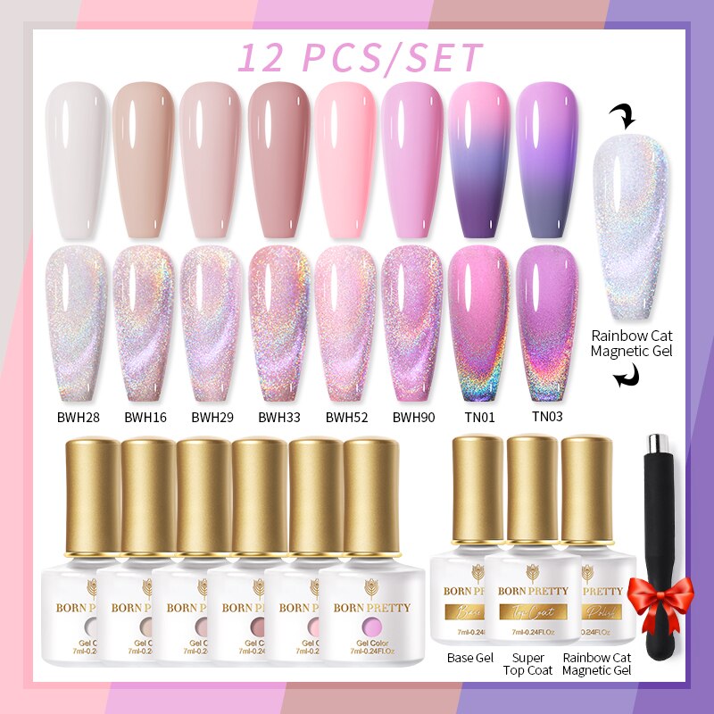 BORN PRETTY 10/12Pcs Gel Nail Polish Set 7ml Jelly Nude Gel &amp; Rainbow Cat Magnetic Gel Polish for Nail Art Design Base Top Coat