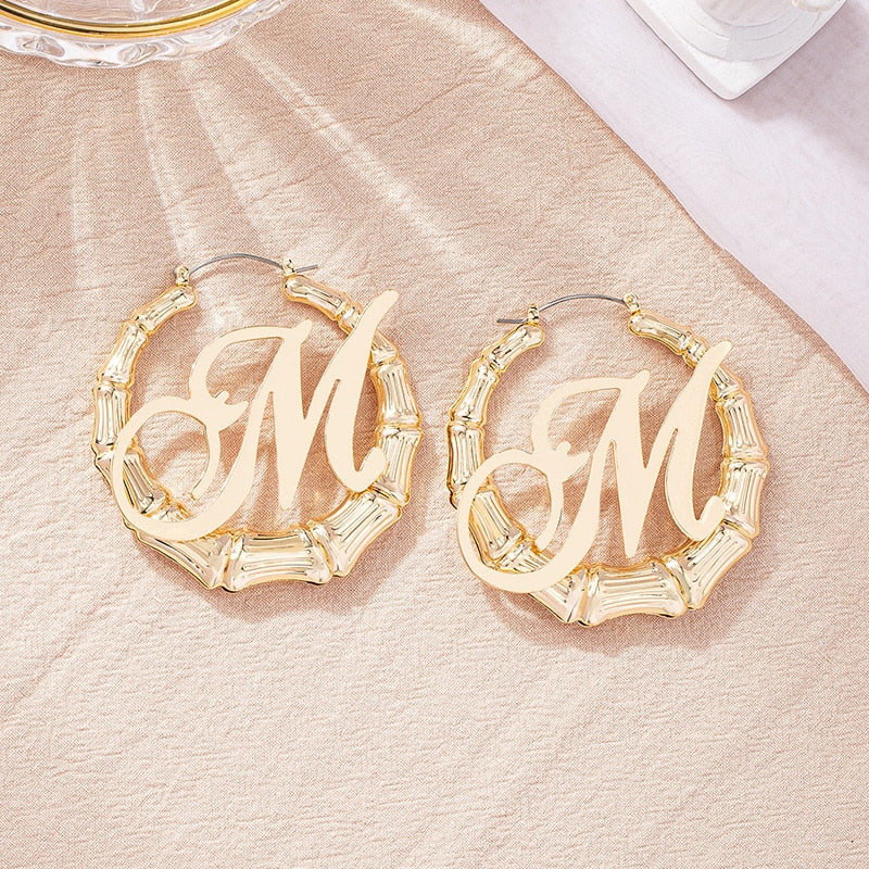 GSOLD Punk Rock A-Z Initial Bamboo Earrings For Women Party Hip-Hop Sexy Jewelry Letter Statement Large Circle Hoop Earring
