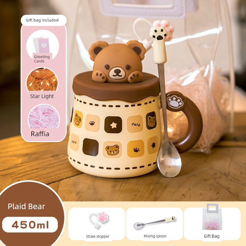 Cute Ceramic Cup Couple with Lid Spoon Straw Mug Home Breakfast Coffee Cup Women Office Water Glass Men