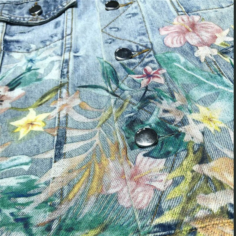 Abstract Art Floral Print Mens Jackets American Streetwear Casual Men's Denim Long Sleeve Jacket Top Denim Jacket Light Blue Men