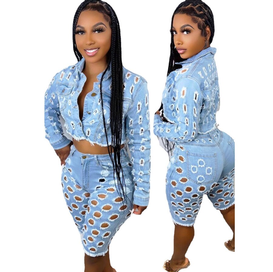 Women Denim Coats 2 Two Piece Set Casual Tracksuit Joggers Crop Jogging Suits Jackets Cargo Biker Short Pant Streetwear Outfits