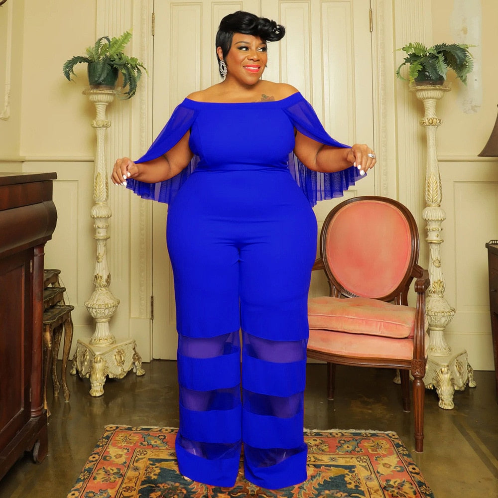 Plus Size Women Elegant Jumpsuit Mesh Patchwork One Piece Outfit Lady Designer Wide Leg Pant 2023 Spring Female Fashion Jumpsuit