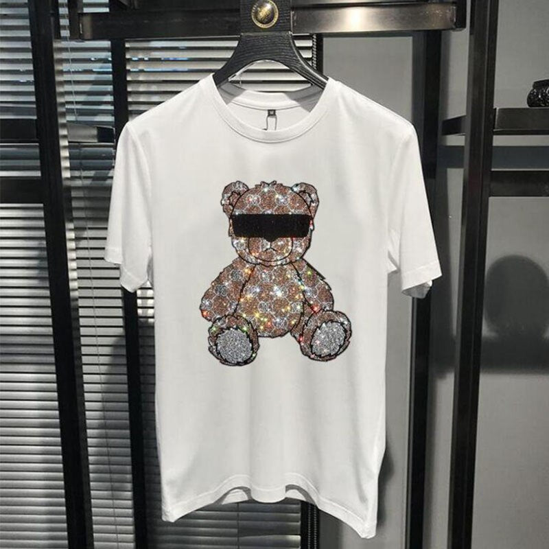 Hot Diamond T-Shirt Glasses Bear Tide Brand Male Short Sleeved Tees New Style Casual Young Streetwear Cotton Top Men's Clothing
