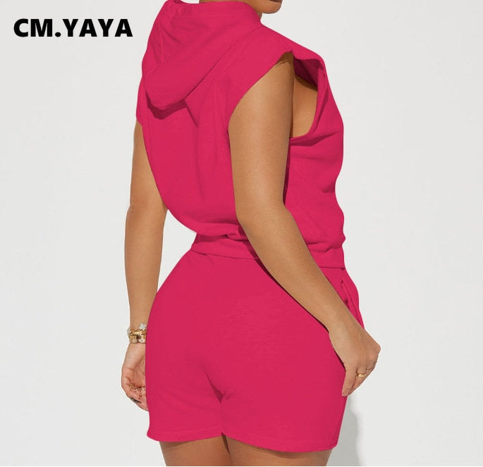 CM.YAYA Fashion Women's Set Hooded Flare Short Sleeve Sweatshirt and Shorts Suit 2023 Active Two 2 Piece Set Outfits Tracksuit