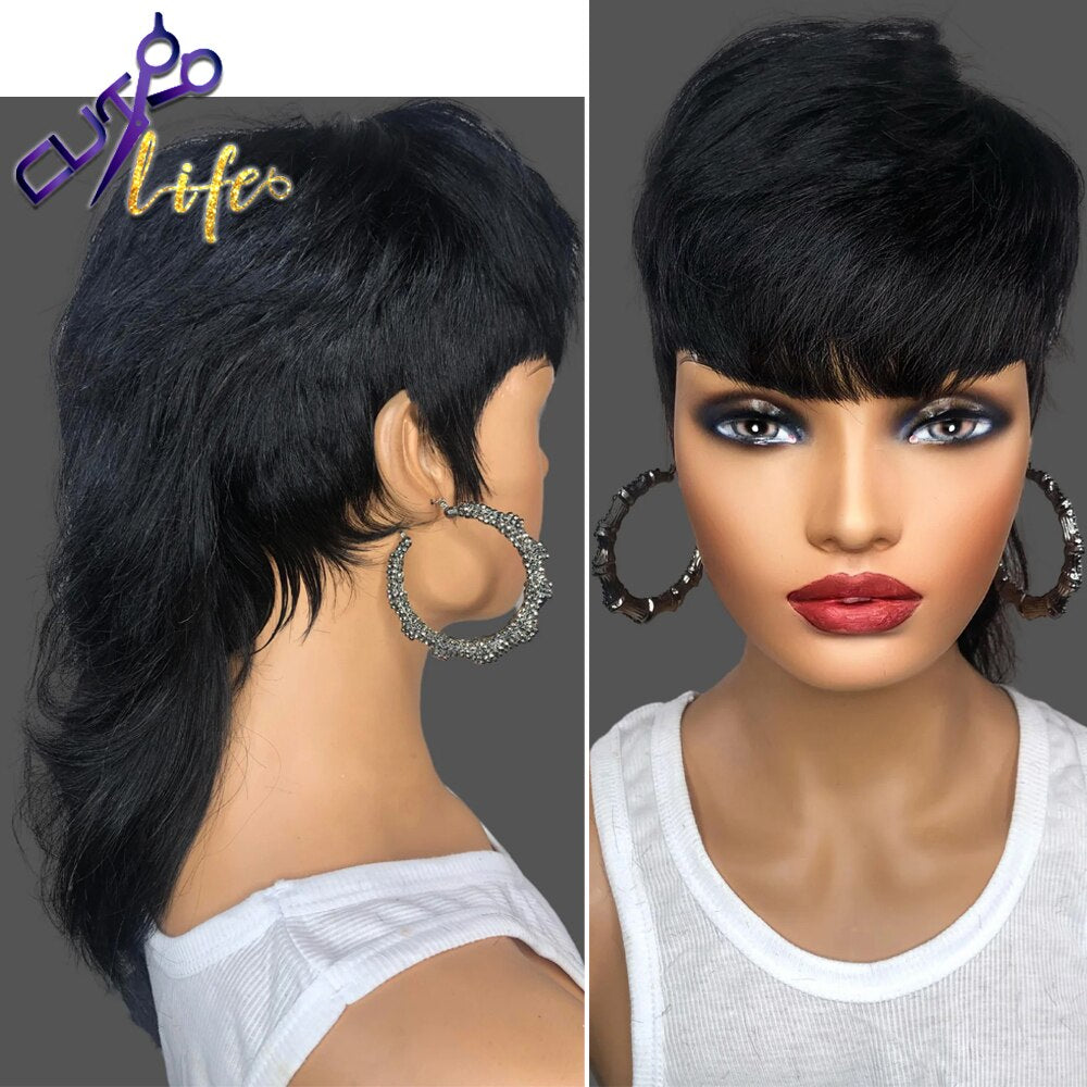 Short Pixie Cut Wigs Full Machine Made Wig With Bangs Dovetail Straight Brazilian Remy Human Hair Wigs For Women Model Length