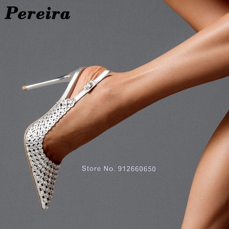 Pereira Back Strap Crystal Sandals Black Silver Women Pointy Toe Solid Backsling Women Shoes On Heels Thin High Heel Sandals