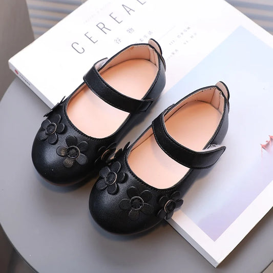 Retro British Style Leather Shoes for Kids Girls Non-slip Soft Soled Casual Leather Shoes for Baby Princess Elegant Flower Shoes