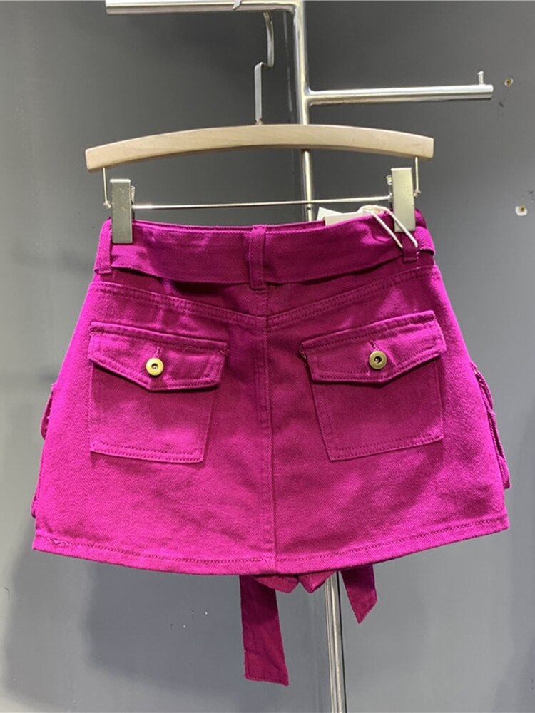 DEAT Fashion Belt Bandage Denim Mini Skirt Women Patchwork Pocket Cargo Wrap Hip Skirts Female Trend 2023 Spring New 11XX01119