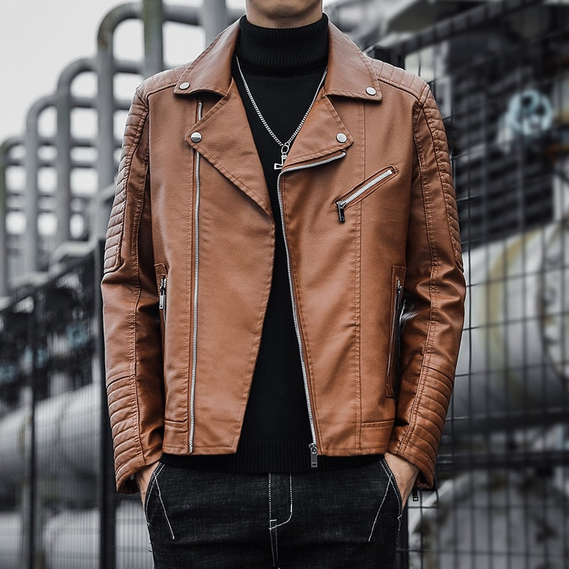 Brand clothing Men Slim Fit Jacket Fashion Solid Color Motorcycle Winter Jackets Chaqueta Hombre Windproof Black Leather Coat