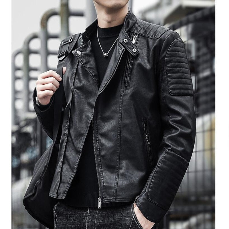Brand clothing Men Slim Fit Jacket Fashion Solid Color Motorcycle Winter Jackets Chaqueta Hombre Windproof Black Leather Coat