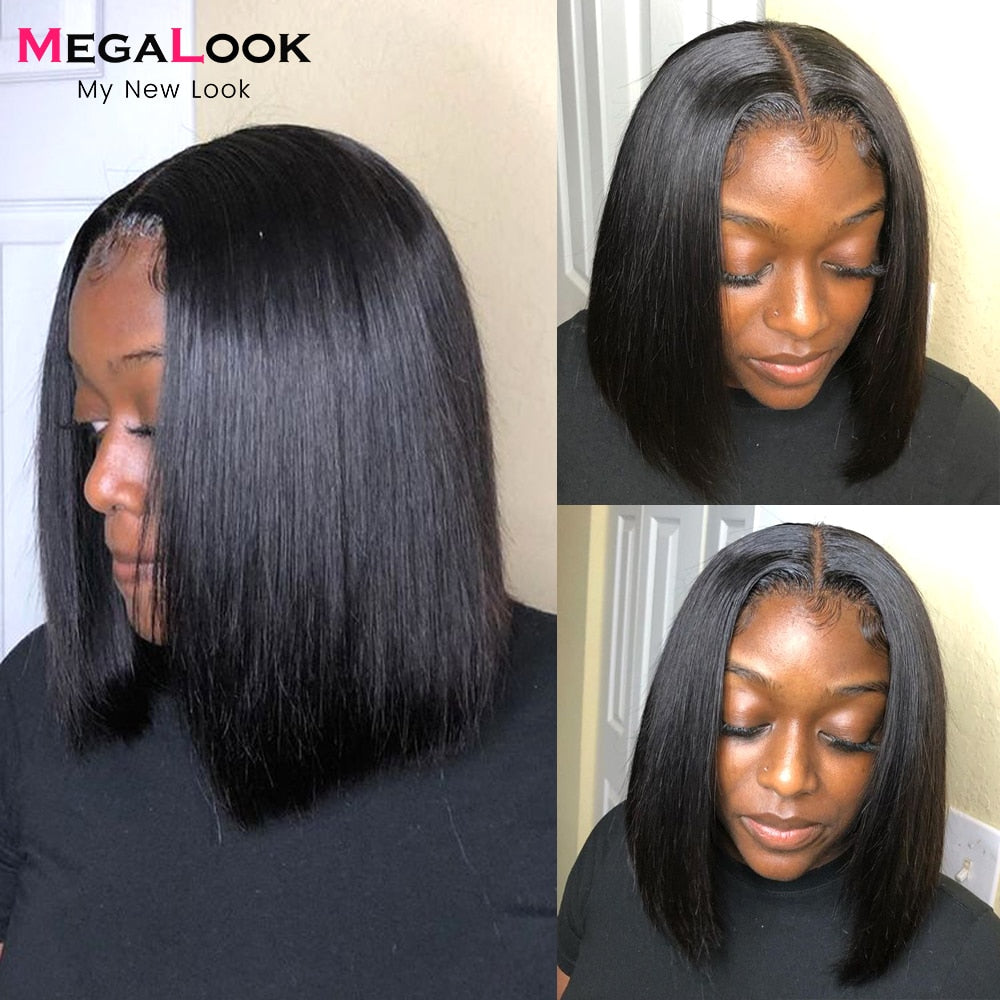 13x5x2 T Part Lace Front Wig Pre Pluckes MEGALOOK Human Hair Wigs For Women 4x4 Closure Wigs Short Straight Bob Wigs 180 Density