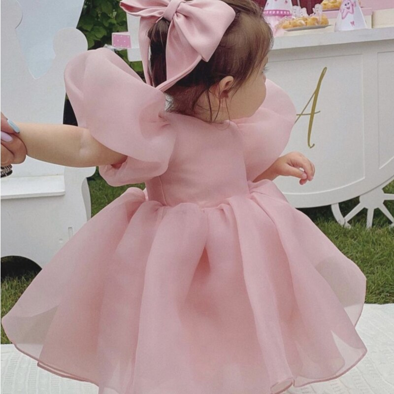 Girls Wedding Puff Sleeve Princess Costume 2023 Fashion Pink Elegant Ball Gown Dresses 3-8 Yrs Kids Vestido For Birthday Party