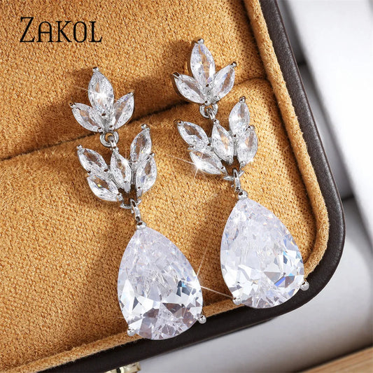 ZAKOL Hot Selling Romantic Water Drop Cubic Zircon Dangle Earrings for Women Fashion Leaf Bridal Wedding Jewelry EP012