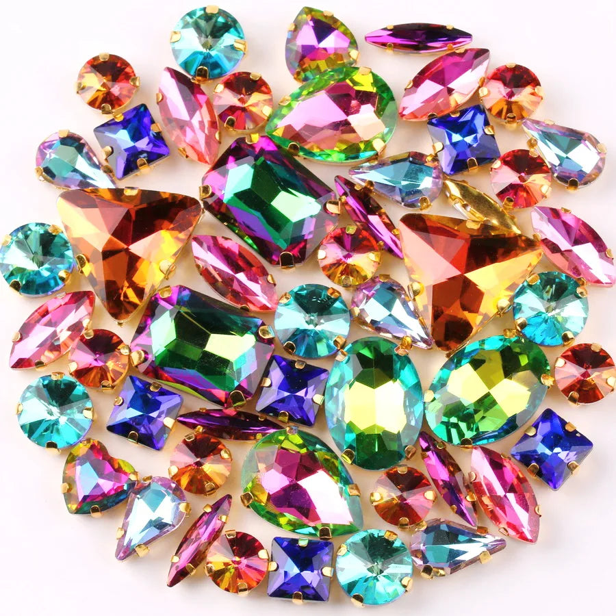 Gold claw settings 50pcs/bag shapes mix  jelly candy white color glass crystal sew on rhinestone wedding dress shoes bags diy