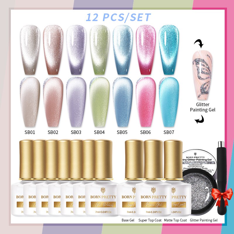 BORN PRETTY 10/12Pcs Gel Nail Polish Set 7ml Jelly Nude Gel &amp; Rainbow Cat Magnetic Gel Polish for Nail Art Design Base Top Coat