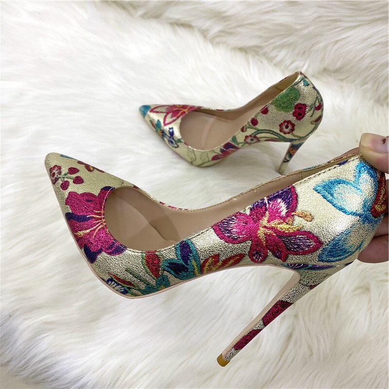 Heelgoo Flower Print Women Gold Pointy Toe D'Orsay High Heel Wedding Bridal Shoes Sexy Ladies Party Stiletto Pumps Size 33-46