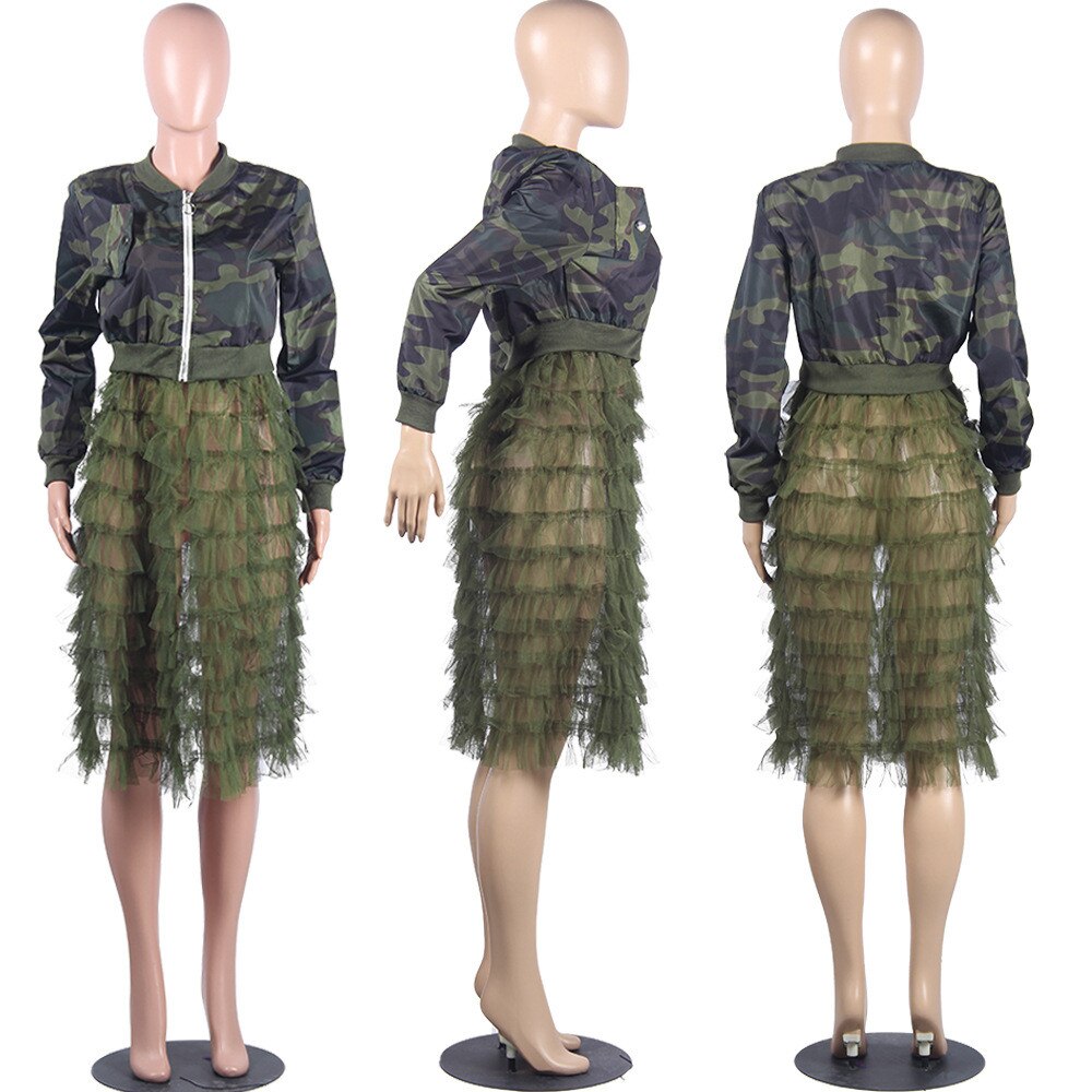 Camouflage Bomber Jacket Women Autumn Winter Streetwear Harajuku Jackets Layered Ruffle Long Coat Outwear Chaquetas