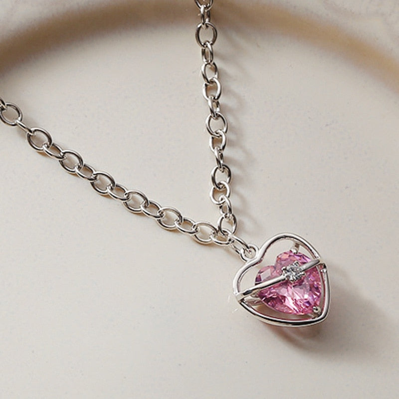 Fashion Peach Heart Water Drop Pendant Necklace Jewelry Pink Crystal Girl Sweet Cool Clavicle Chain Aesthetic Y2k Accessories