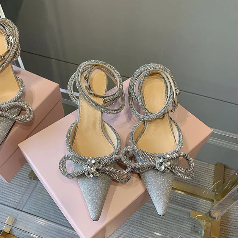 Ins style Glitter Crystal Women Pumps Sexy Ankle strap Rhinestones Bowknot Wedding High heels Fashion Summer Party Prom Shoes