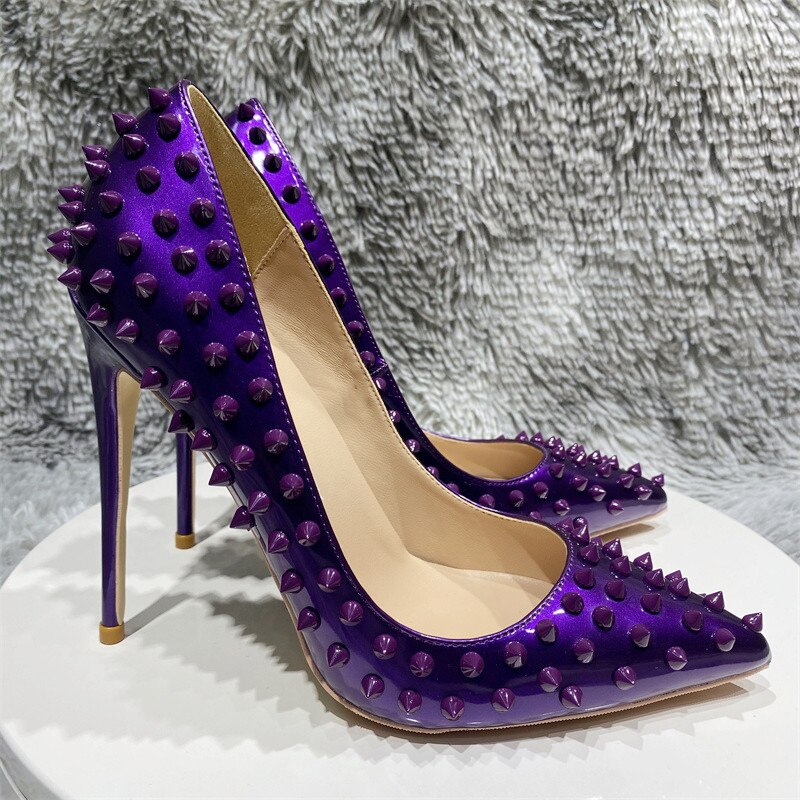 Veowalk Glossy Dark Purple Women Sexy Pointy Toe Stiletto Pumps with Spikes 8cm 10cm 12cm High Heel Party Dress Shoes Customize
