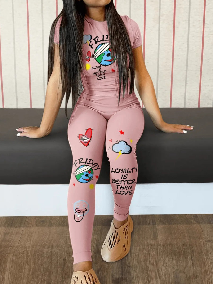 LW Cartoon Letter Heart PrintTwo Pieces Cress Neck Pullover Tee+Elastic Waist Trousers Summer Spring Matching Outfits Women 2PC