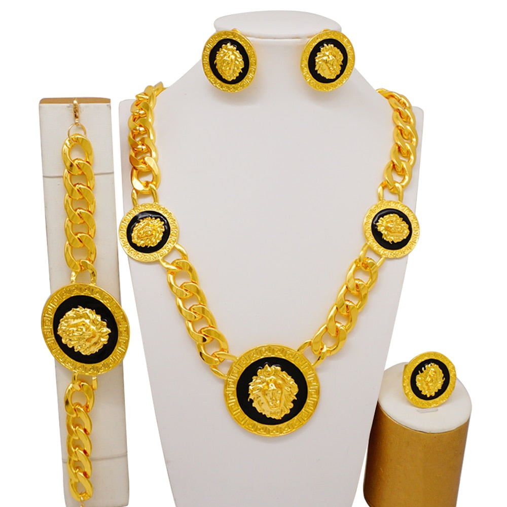Dubai African Gold Color Jewelry Set For Women Wedding Bridal Long Necklace Ethiopia Necklace Earrings Bracelet Ring Jewellery