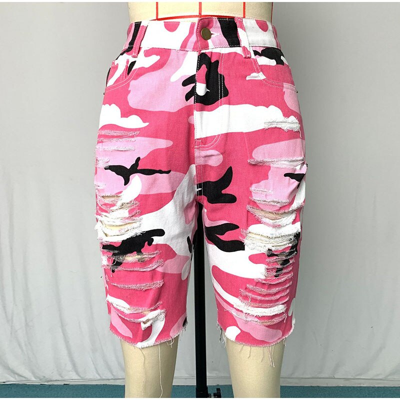 Plus Size Streetwear Ripped Skinny Camouflage Jeans Shorts 5XL Bodycon Workout Running Shorts Women Holographic Biker Bermudas
