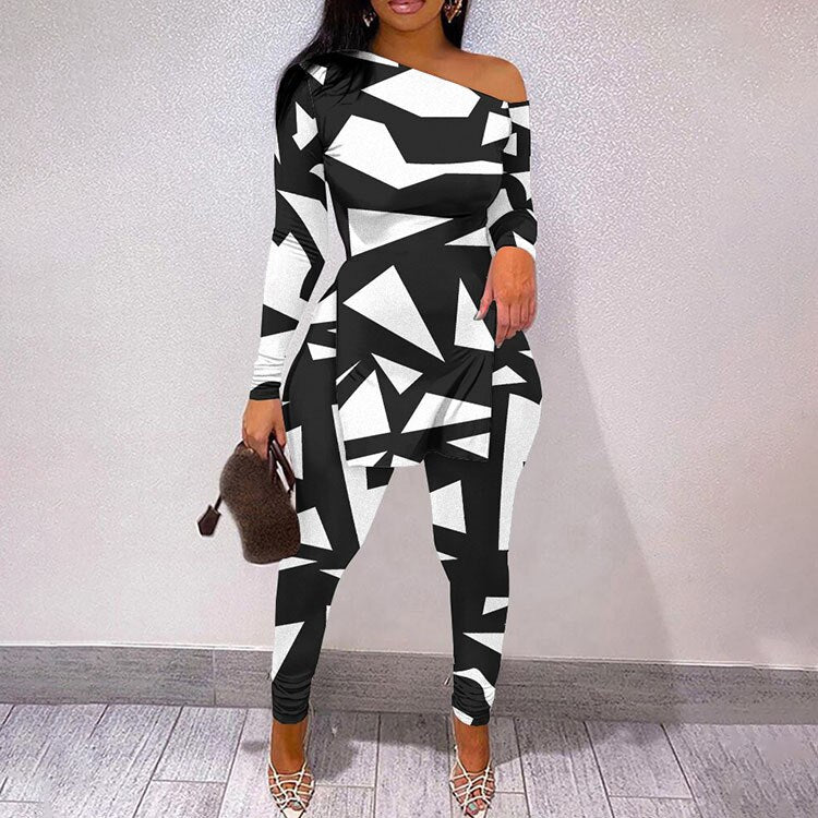 Autumn Fashion Print Two Piece Set Women Sexy Diagonal Neck Off Shoulder Split Tshirt Pencil Pants Two Piece Set Women